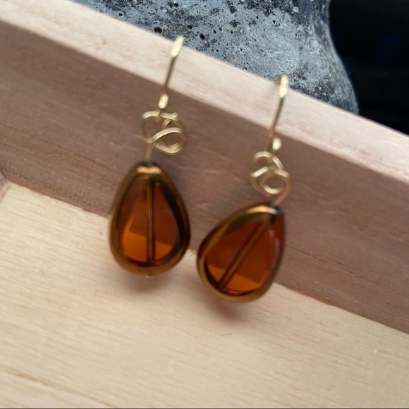 Shiny Brown Teardrop Dangle Earrings with Gold Wires - Picture 6 of 9
